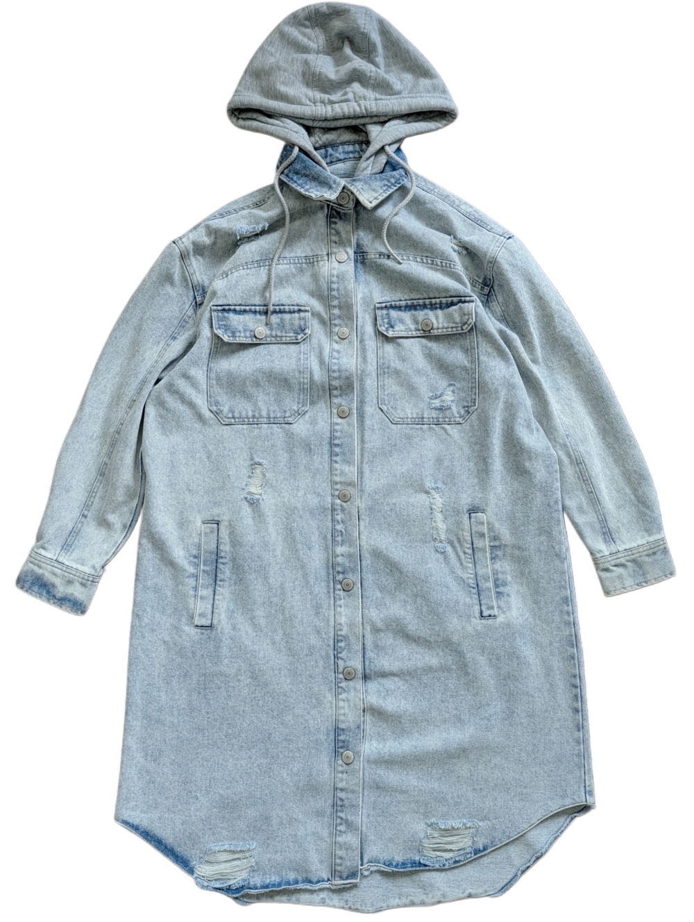 Fashion Nova Womans Light Wash Denim Distressed Hooded Shacket Dress Size Small